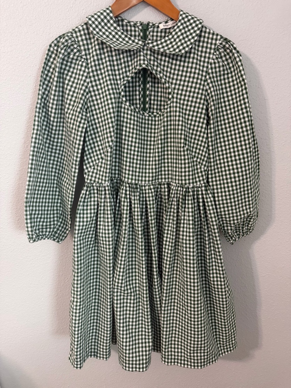 Sandy Liang Gingham Peter Pan Collar Dress with Cut-Out Green White Size 4 - Picture 2 of 16